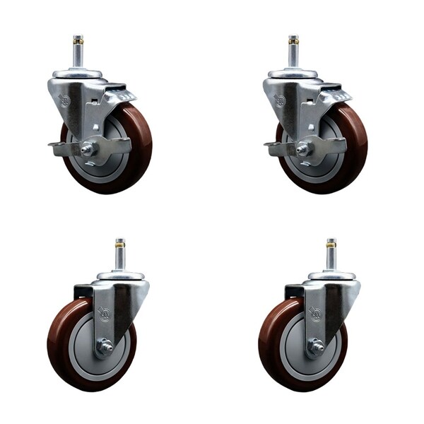 Service Caster 4'' Maroon Poly Wheel Swivel 7/16'' Grip Ring Stem Caster Set 2 Brakes, 4PK SCC-GR20S414-PPUB-MRN-TLB-716138-2S2 - main